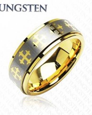 Wolfrámový prsteň s krížikmi a  pásom striebornej farby - Veľkosť: 49 mm