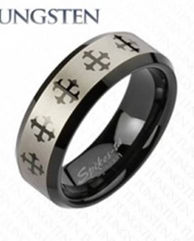 Wolfrámový prsteň s krížom a pásom striebornej farby - Veľkosť: 49 mm