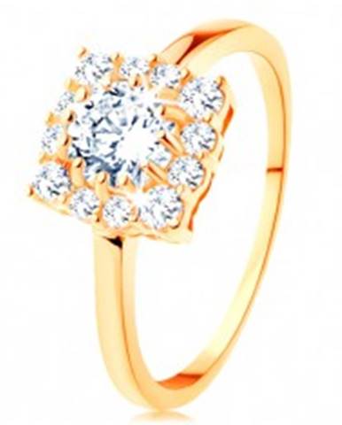 Zlatý prsteň 585 - štvorcový zirkónový obrys, okrúhly číry zirkón v strede - Veľkosť: 49 mm