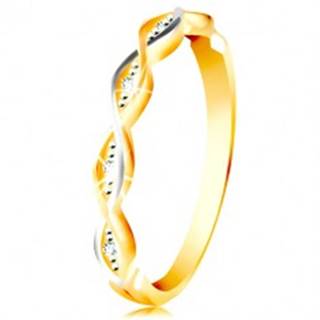 Zlatý prsteň 585 - dve tenké prepletené vlnky z bieleho a žltého zlata, zirkóny - Veľkosť: 49 mm