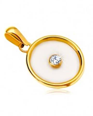Prívesok v žltom 14K zlate - kruh s výplňou z perlete a čírym zirkónom v strede