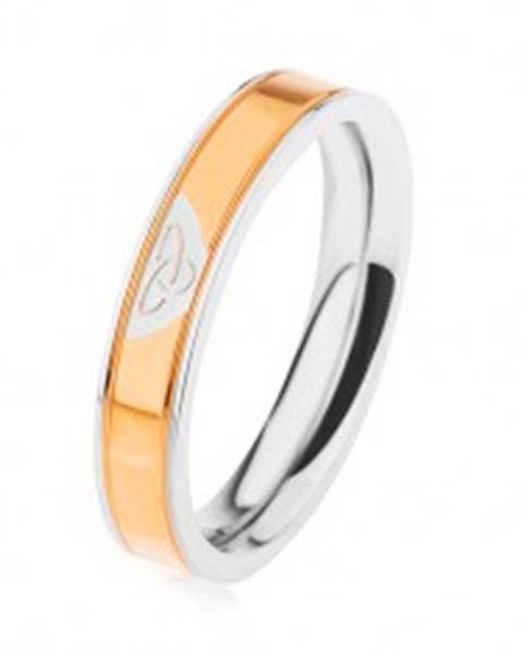 Oceľový prsteň striebornej farby, lesklý pás v zlatom odtieni, keltský uzol - Veľkosť: 49 mm