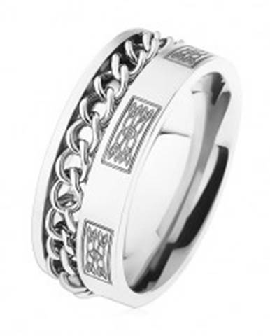 Oceľový prsteň s retiazkou, strieborná farba, ornamenty - Veľkosť: 57 mm