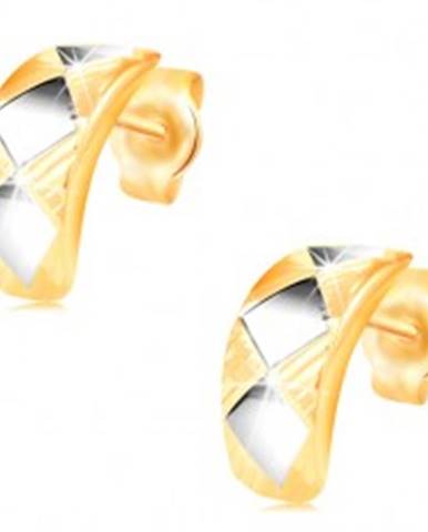 Zlaté náušnice 14K - lesklý oblúk s kosoštvorcami z bieleho zlata a zárezmi