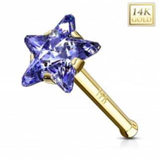 Rovný zlatý 585 piercing do nosa - zirkónová hviezda v modrofialovom odtieni