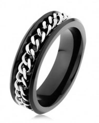 Lesklý čierny prsteň z ocele 316L, retiazka v striebornom odtieni - Veľkosť: 51 mm