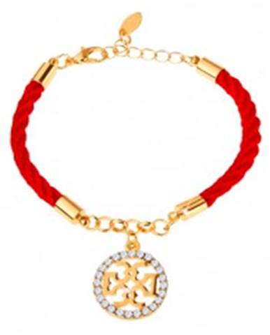 Náramok, červená šnúrka, ornament v zlatej farbe, číre zirkóny, karabínka