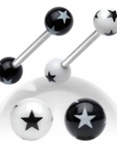 Oceľový piercing do jazyka, čierno-biele akrylové guličky s hviezdičkami - Farba piercing: Biela - Čierna