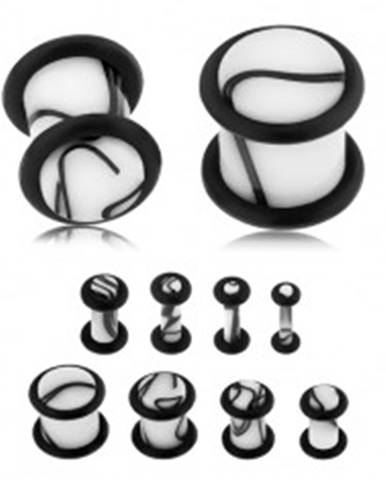 Akrylový plug do ucha bielej farby, čierny mramorový vzor, dve gumičky - Hrúbka: 10 mm