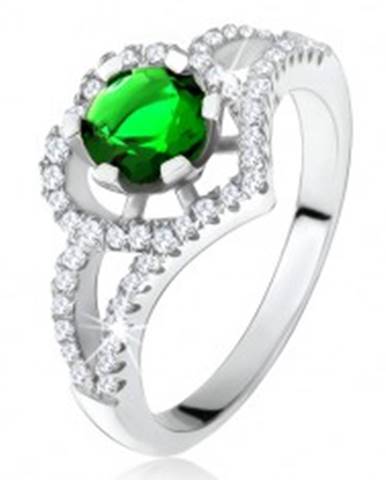 Prsteň s rozdvojenými ramenami, zelený zirkón, obrys srdca, striebro 925 - Veľkosť: 50 mm