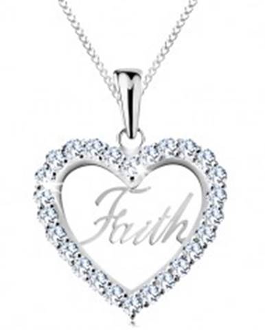 Strieborný 925 náhrdelník, zirkónový obrys srdca, nápis Faith, tenká retiazka