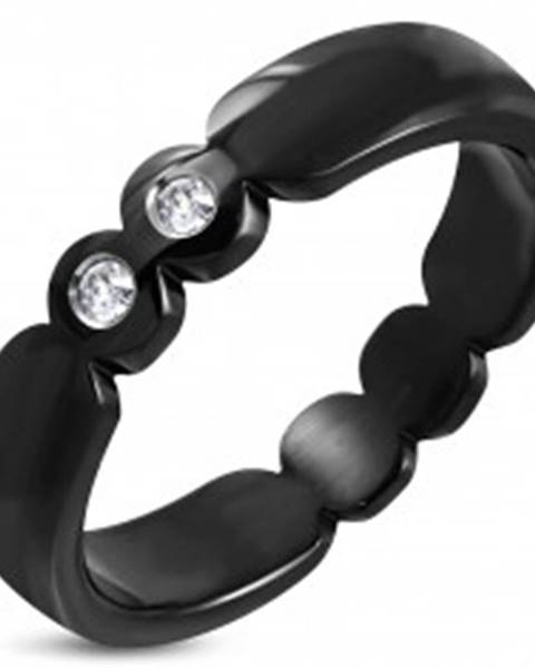 Čierny prsteň so zárezmi a okrúhlymi čírymi zirkónmi, oceľ 316L - Veľkosť: 49 mm