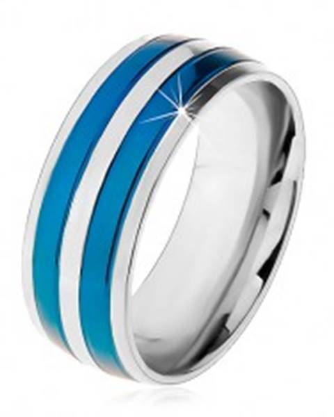 Dvojfarebný oceľový prsteň, tenké pásy v modrom a striebornom odtieni, zárezy, 8 mm - Veľkosť: 57 mm