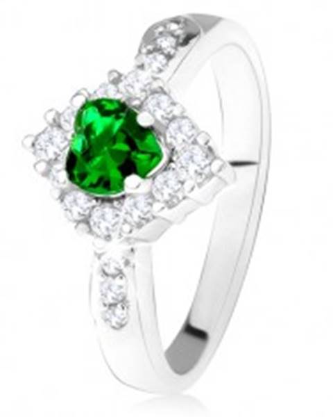Prsteň so zeleným srdcovým zirkónom, číry kosoštvorec, striebro 925 - Veľkosť: 49 mm