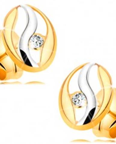 Diamantové náušnice v 14K zlate - obrys oválu s vlnkou z bieleho zlata, briliant