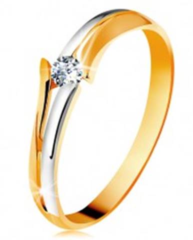 Diamantový zlatý prsteň 585, žiarivý číry briliant, rozdelené dvojfarebné ramená - Veľkosť: 49 mm