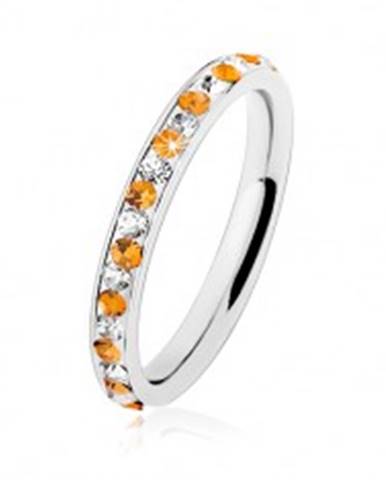 Oceľový prsteň striebornej farby, číre a oranžové zirkóniky, biela glazúra - Veľkosť: 49 mm