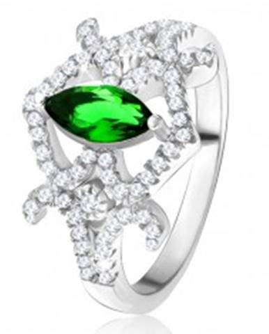 Prsteň - zrniečkový zelený zirkón, zaoblené línie, číre kamienky, striebro 925 - Veľkosť: 49 mm