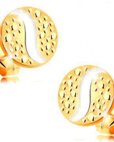 Zlaté 14K náušnice - kruh s bodkami a vlnkou z bieleho zlata, puzetky