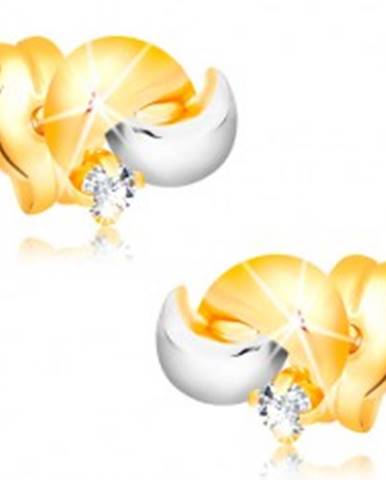 Zlaté 14K náušnice s ligotavým diamantom, dvojfarebné oblúčiky, puzetky