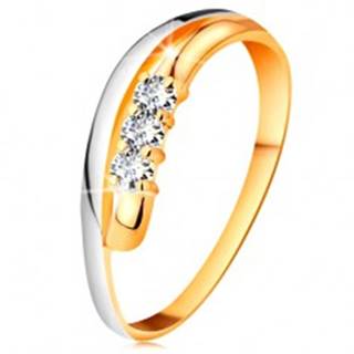 Briliantový prsteň v 14K zlate, zvlnené dvojfarebné línie ramien, tri číre diamanty - Veľkosť: 49 mm