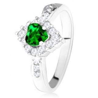 Prsteň so zeleným srdcovým zirkónom, číry kosoštvorec, striebro 925 - Veľkosť: 49 mm