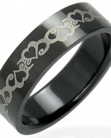 Oceľový čierny prsteň so srdiečkami - Veľkosť: 54 mm