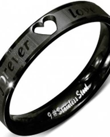 Oceľový prsteň - čierna obrúčka s výrezom srdca a nápisom - Veľkosť: 49 mm