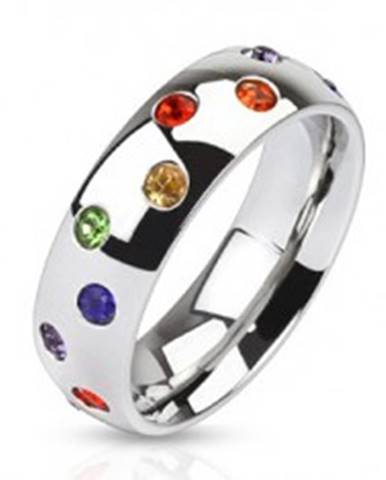 Oceľový prsteň - obrúčka striebornej farby, farebné kamienky - Veľkosť: 49 mm