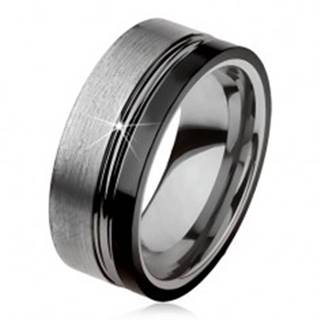 Wolfrámový prsteň, dva zárezy, oceľovosivá a čierna farba, lesklo-matný povrch - Veľkosť: 49 mm