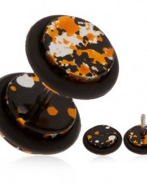 Akrylový falošný plug do ucha - fľaky čiernej, oranžovej a striebornej farby