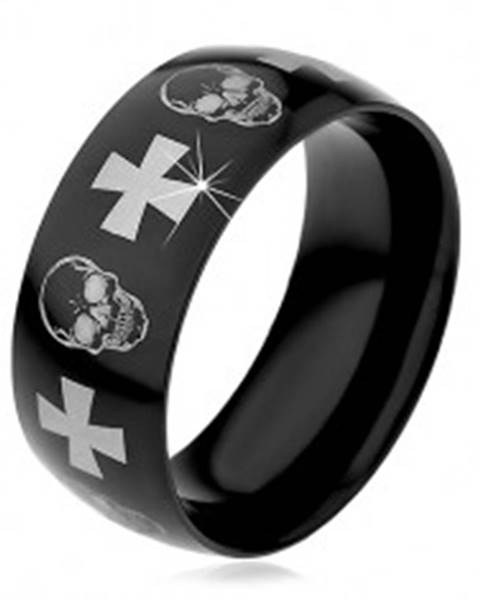Oceľový prsteň s čiernym povrchom, lebky a kríže striebornej farby, 9 mm - Veľkosť: 59 mm