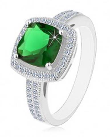 Ródiovaný prsteň, striebro 925, zelený štvorcový zirkón a číry zirkónový lem - Veľkosť: 54 mm