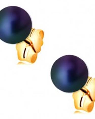Zlaté náušnice 585 - guľatá perla s farebným odleskom, puzetové zapínanie