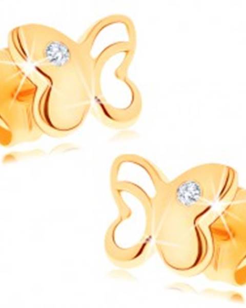 Diamantové zlaté náušnice 585 - lesklý motýľ s vyrezávanou časťou, číry briliant