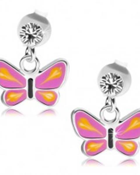Strieborné náušnice 925, motýľ s fialovými krídlami, žlté slzičky, číry krištáľ
