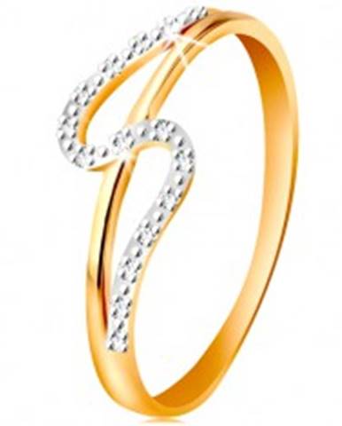 Diamantový prsteň zo 14K zlata, rovné a zvlnené rameno, drobné číre diamanty - Veľkosť: 49 mm
