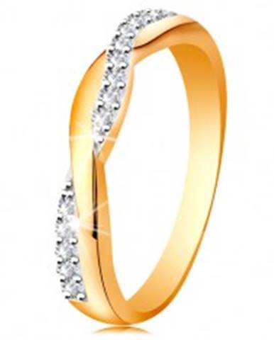 Lesklý prsteň zo 14K zlata - dve prepletené vlnky - hladká a zirkónová - Veľkosť: 49 mm