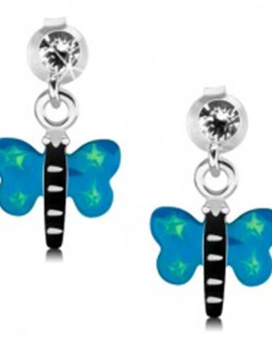 Náušnice zo striebra 925, motýľ s modrými krídlami a zelenými hviezdičkami