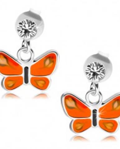 Puzetové náušnice, striebro 925, číry krištáľ, motýľ s oranžovými krídlami
