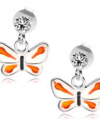 Strieborné 925 náušnice, číry krištálik Swarovski, bielo-oranžový motýlik
