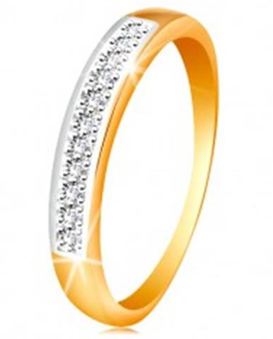 Zlatý 14K prsteň - ligotavý pás z čírych zirkónov s lemom z bieleho zlata - Veľkosť: 48 mm