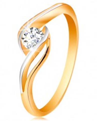 Zlatý prsteň 585 - číry zirkón, dvojfarebné, rozdelené a zvlnené ramená - Veľkosť: 49 mm