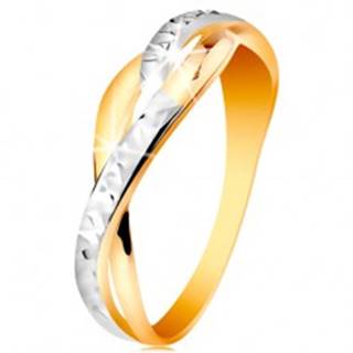 Dvojfarebný prsteň v 14K zlate - rozdelené a zvlnené línie ramien, ligotavé zárezy - Veľkosť: 48 mm