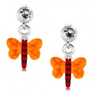 Strieborné 925 náušnice, motýlik s červeným telom a oranžovými krídlami