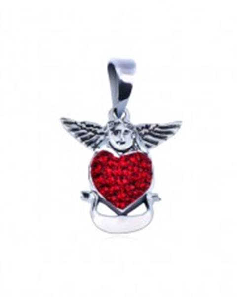 Strieborný prívesok 925 - anjel nad červeným srdcom so stuhou