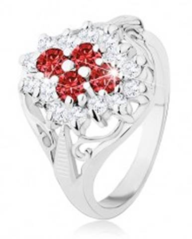 Lesklý prsteň s rozdelenými ramenami, červeno-číry zirkónový kvet - Veľkosť: 49 mm