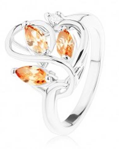 Ligotavý prsteň striebornej farby, zvlnené línie, oranžové zirkóny - Veľkosť: 53 mm