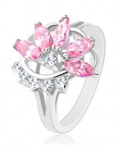 Prsteň s lesklými rozdelenými ramenami, ružovo-číry polovičný kvet - Veľkosť: 49 mm