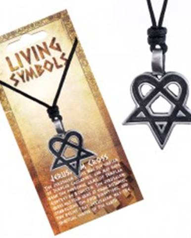 Šnúrkový náhrdelník - čierny s kovovým srdcovým pentagramom